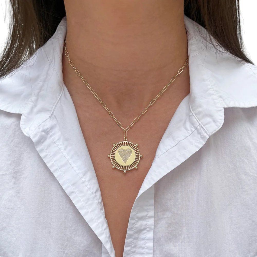 Jennifer Miller Yellow Gold Plated Pave Heart Medallion Necklace Paperclip Chain
